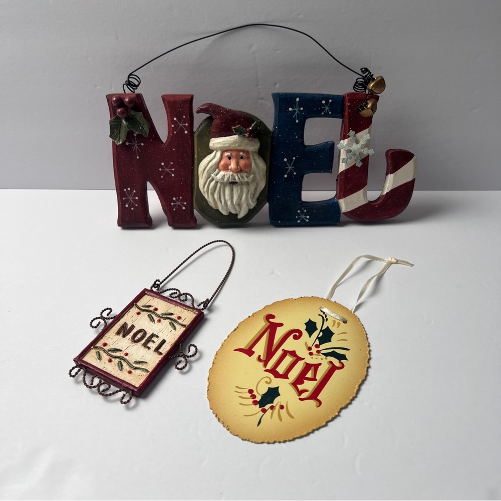 3 Christmas Rustic Farmhouse Country NOEL Santa Wooden Metal Decor Ornaments